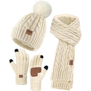 Women's Beige Winter Hat Scarf Gloves Set Long Neck Kint Scarf Valentines